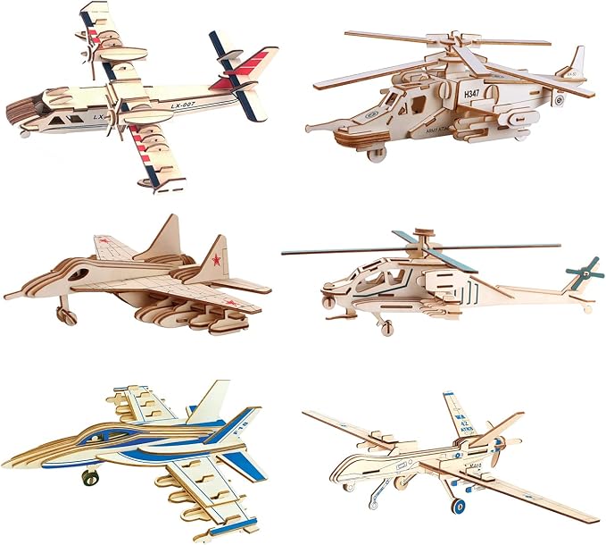3D Wooden Aircraft Puzzle, 6 Piece Set Aircraft & Helicopter DIY Assembly Build Model Kits, Wood Crafts STEM Brain Teaser Puzzles, 3D Puzzle for Adults & Teens Xmas Birthday Gifts