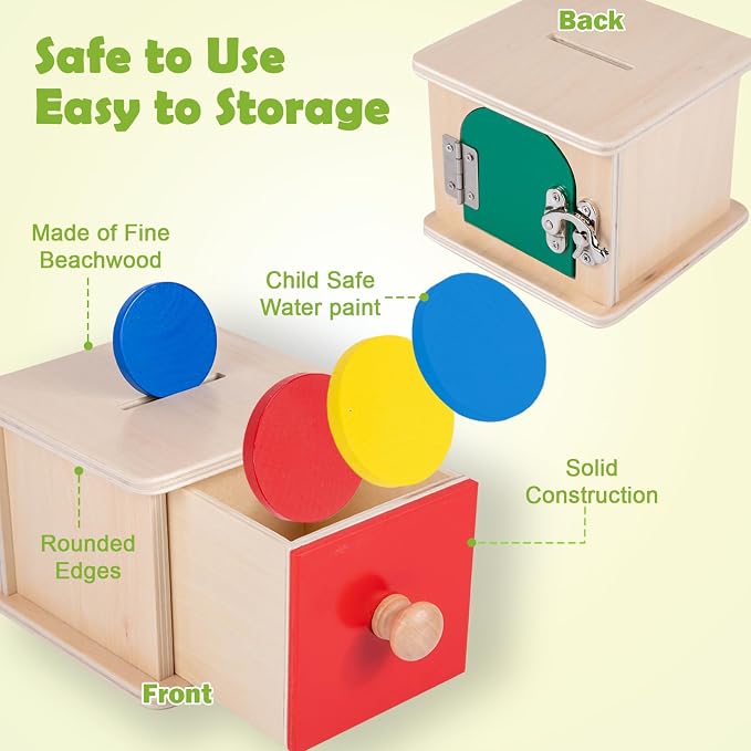 Adena Montessori Coin Lock Box Object Permanence 6-12 Months | Red drawer, red yellow blue coins. Smooth burr-free. Color sorting, hand-eye coordination, fine motor. Learning gift.