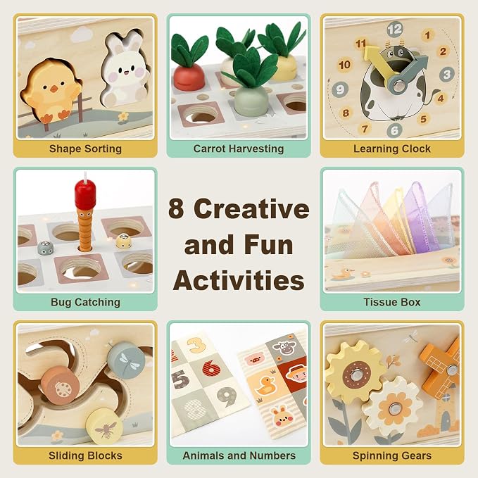 Joyreal 8-in-1 Montessori Tissue Box Toys for 1+ Years Wooden Activity Cube | Neutral Color, Farm Animal Toy, Shape Sorting, First Birthday Gift for Boy/Girl, Educational Toy, Sensory Toy for Toddler 1-3