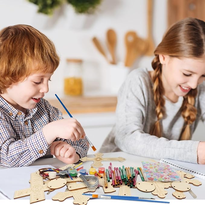Fennoral 9 Pack Cross Wind Chime Kit for Kids Make You Own Sunday School Craft for Kids Wooden DIY to Paint for Art Activities Christian Mom's Gifts Birthday Sunday School Decoration
