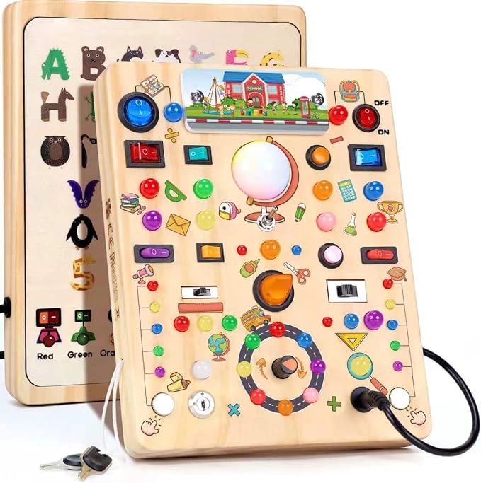 Busy Board with LED Light Switches, Montessori Toys for 1 2 3 Years Old, Toddlers Wooden Toy Sensory Activity Board, Travel Toys for 1+ Year Old Boy & Girl Birthday Gift (School 19 Switches)