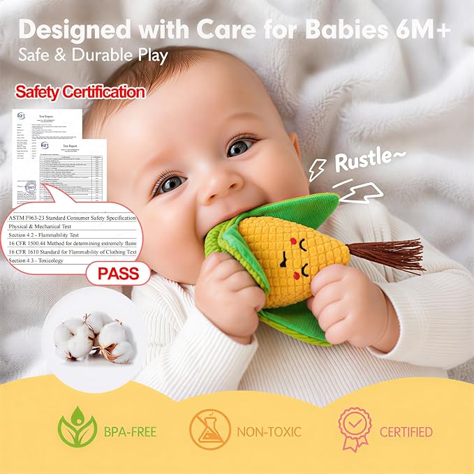 Fruit Vegetable Sensory Toys for Baby 6-12 Months - 16Pcs Plush Sorting Set Perfect for Little Hands to Grasp With Cute Faces, Bright Color Food Crinkle & Rattle, Birthday Gift for 1 Year Old Boy Girl