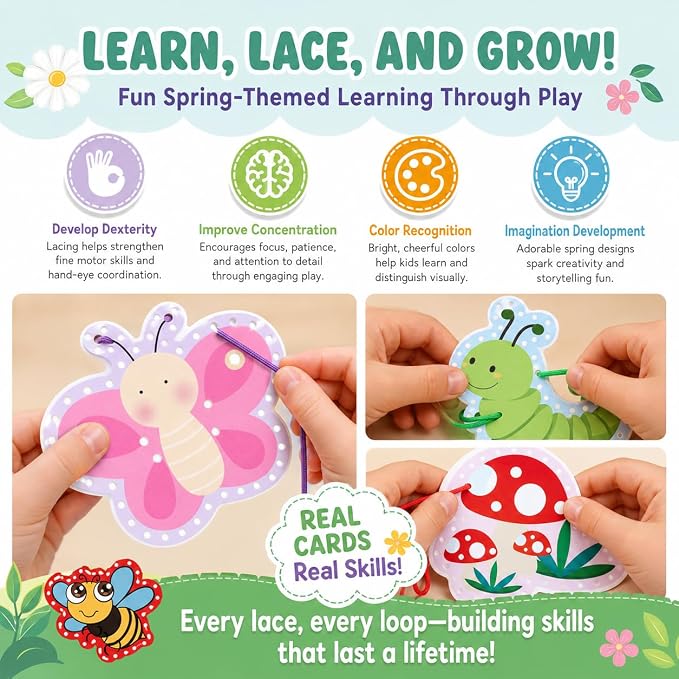 Lacing Cards for Toddlers Fine Motor Skills Montessori Travel Activities | Summer Theme Double-Sided Sewing Cards with Colorful Laces Classroom Supplies Quiet Time Educational Games for Kids ﻿
