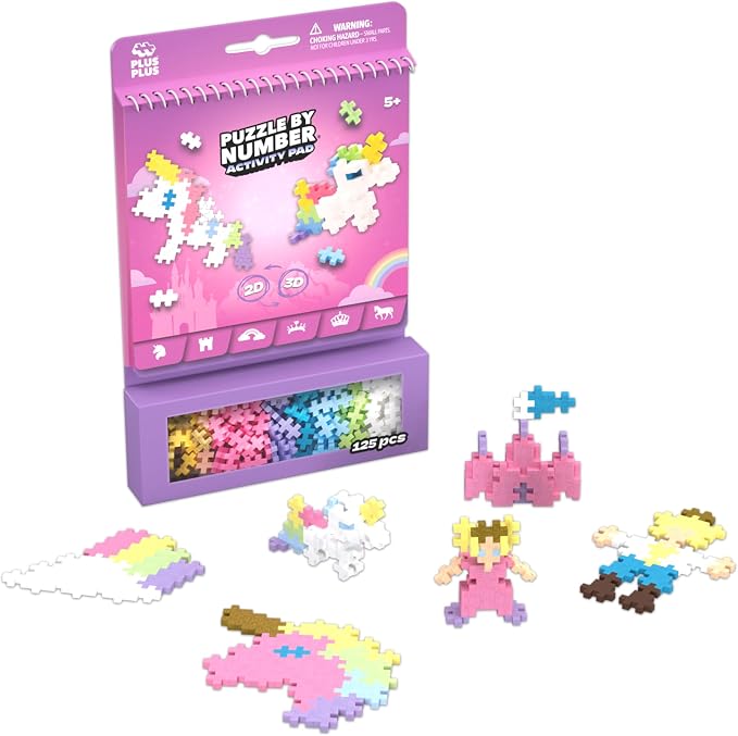 Plus Plus Puzzle By Number Activity Pad, Fairytale - Mini Building Blocks | Roadtrip Essentials for Kids, Interlocking Waffle Blocks, Stem Toy, Airplane Activities for Kids, Kid Car Ride Must Haves