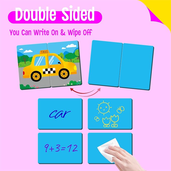 SpriteGru Vehicle Memory Game, 28 Chunky Cards Transportation Theme Head Tail Matching Game 1-5 Players Land/Water/Air Vehicles Memory Matching Game for Preschoolers, Toddlers, Kids