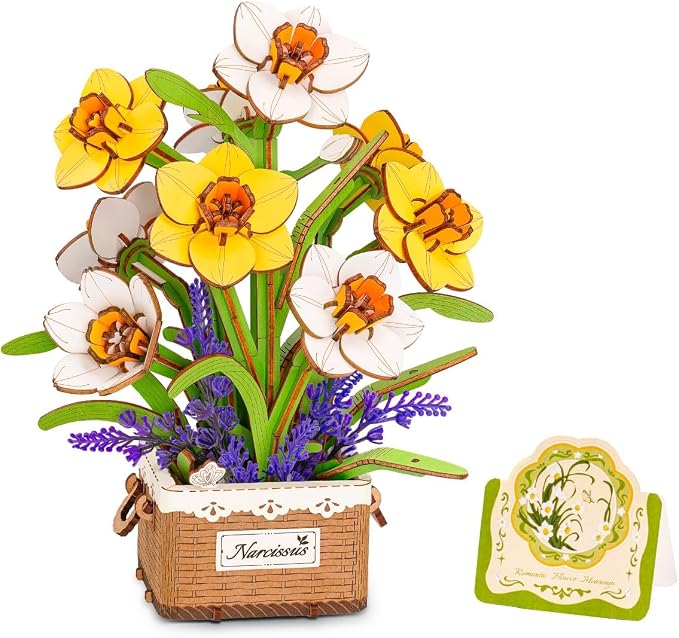 Rowood 3D Puzzles for Adults,Mother's Day DIY Wooden Flower Narcissus Craft Kit,Artificial Flower Botanical Collection,Christmas Birthday Decoration Centerpiece for Table