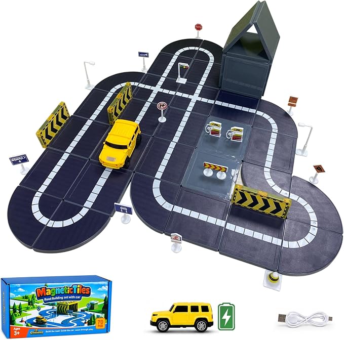 70 Piece Magnetic Road Tiles Expansion Set,Includes Sensor-Guided Car that Follows Road Lines + Traffic Signs,Compatible with Most Major Magnetic Tile,STEM Building Toy for Kids Ages 4–12