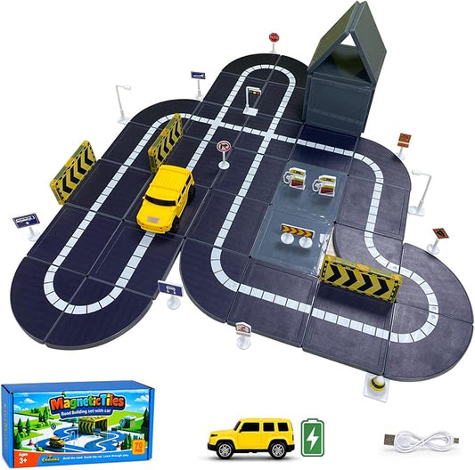 70 Piece Magnetic Road Tiles Expansion Set,Includes Sensor-Guided Car that Follows Road Lines + Traffic Signs,Compatible with Most Major Magnetic Tile,STEM Building Toy for Kids Ages 4–12