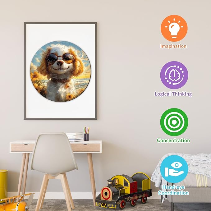 Animal Wooden Puzzles for Kids - Sunny Puppy | 50 Piece Puzzles for Kids Ages 6-8, Kids Puzzles with Unique Animal Shapes, Round Gift for Girls and Boys (11.4 * 11.4 in)