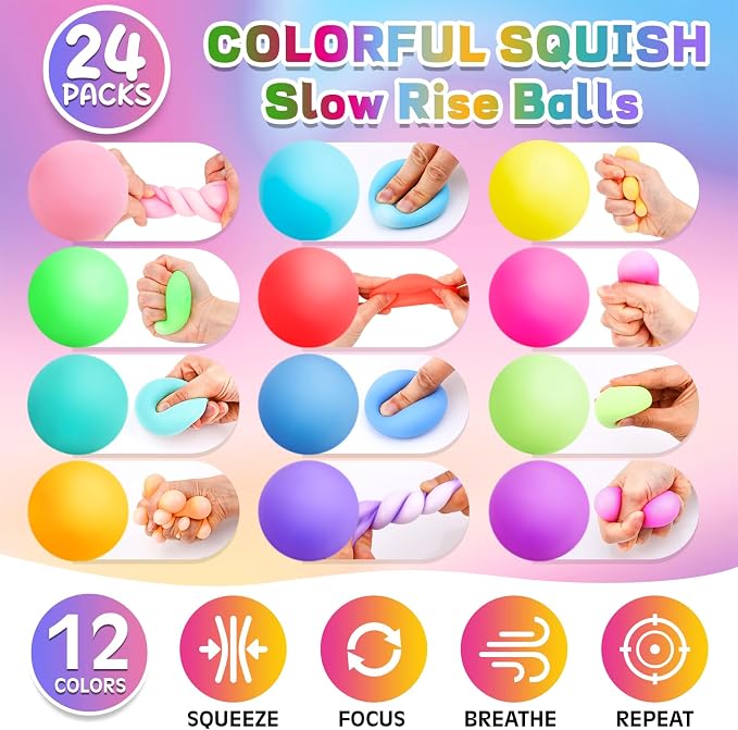 VISCOO 24 Pack Stress Balls for Kids Adults,Slow Rising Stress Ball | Fidget Toys for Anxiety Relief,Hand Therapy Sensory Squishy Ball,Bulk Squeeze Balls,Party Favors Classroom Prizes(2")