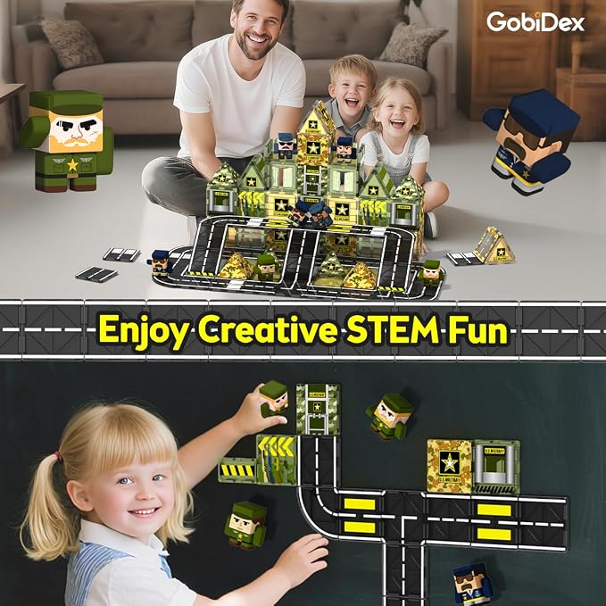 GobiDex 100PCS Army Magnetic Building Blocks Set for Kids Ages 3+ | Military Magnetic Building Blocks with 6 Magnet Army Men, STEM Construction Toys Gifts for Boys Girls 3 4 5 6 7 8 9+ Year Old