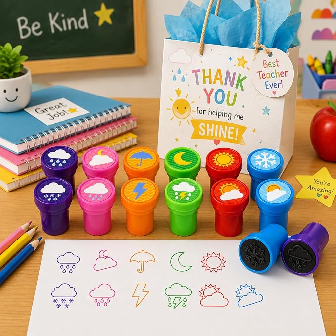 Cinrobiye 24 Pcs Weather Stampers Party Favor Set, Cute Weather Symbols Stamps for Kids Birthday Party, Classroom Rewards, Educational Learning Toys, Goody Bag Fillers
