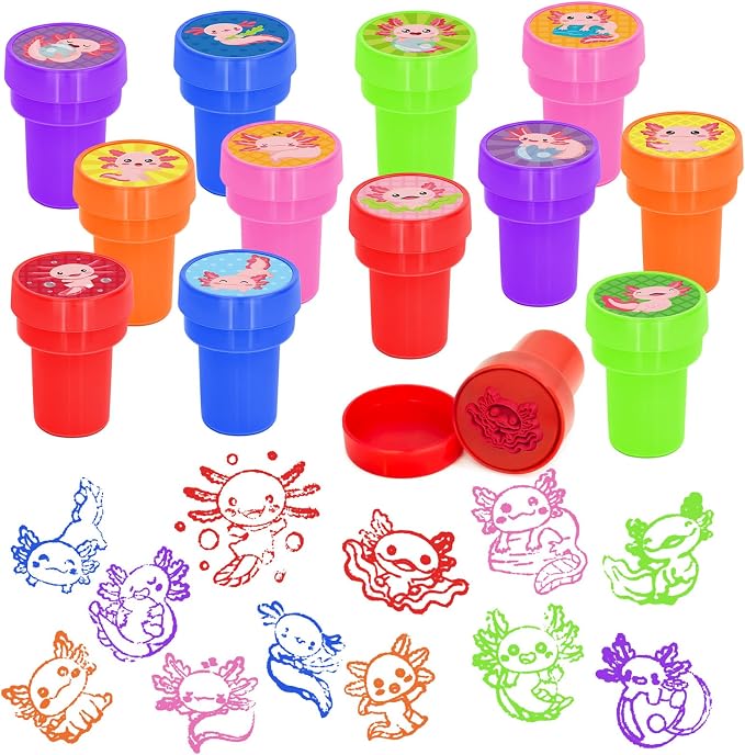Cinrobiye 24 Pcs Axolotl Stampers Party Favor Set, Cute Axolotl Stamps for Kids Birthday Party, Classroom Rewards, Animal Lover Gifts, Goody Bag Fillers, Underwater Creature Party Supplies