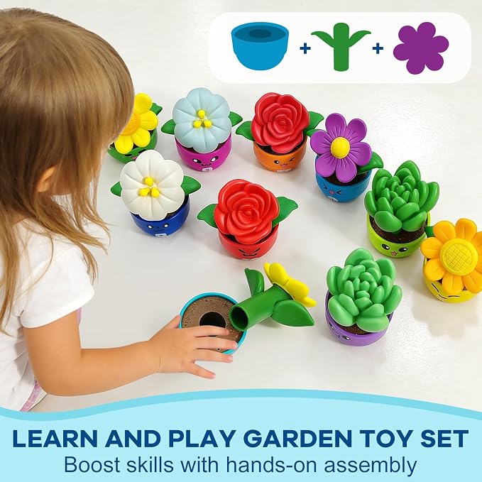 GEERAY Montessori Flower Garden Building Toy, 10 Sets Toddler Shape & Color Matching Game, Fine Motor Skills Preschool Sensory Toys, Educational Gardening Gift for 1-3 Year Old Boys Girls