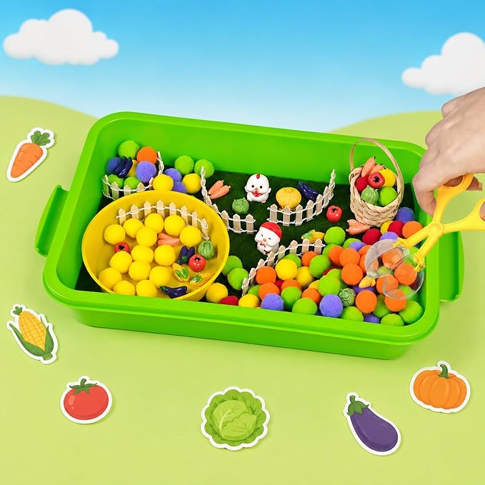 Cinrobiye 152 Pcs Vegetable Learning Activity Set, Farm Vegetable Sorting Game with Garden Vegetables and Farm Accessories for Fine Motor Activities, Preschool Classroom Learning & STEM Education