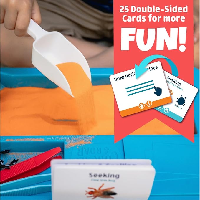 Chuckle & Roar 2-in-1 Seek & Write Sensory Bin – Montessori Tactile Learning Activity Set with Sand Writing Lid, 50 Activities, Tools & Storage Bin for Kids Ages 3-6+