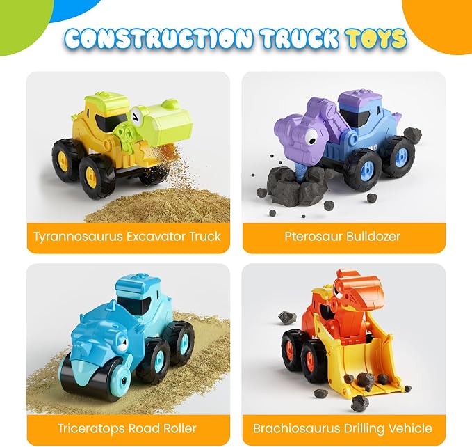 Dinosaur Construction Truck Toys for Toddler Boy Kid | Press and Go Dino Toy Truck,Sandbox Beach Toys,Chrstmas Birthday Gifts for 2 3 4 5 Year Old Boys Girls