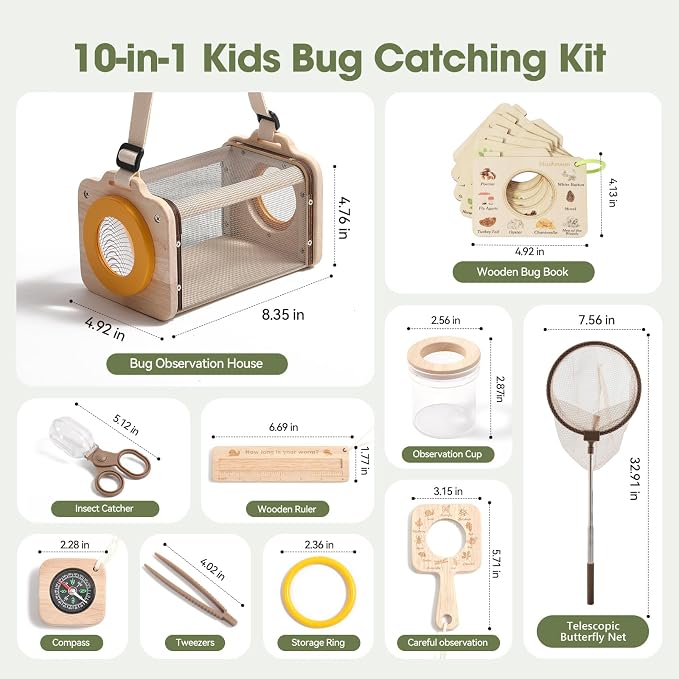 Wooden Bug Catcher Kit for Kids 3-8, 10PCS Durable Outdoor Explorer Kit with Magnifying Glass, Butterfly Net & STEM Guide, Catch & Release Adventure Set for Backyard & Camping