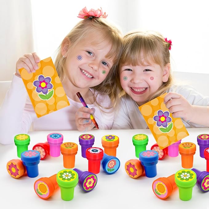 Cinrobiye 24 Pcs Flower Stampers Party Favor Set, Cute Floral Stamps for Kids Birthday Party, Classroom Rewards, Carnival Prizes, Goody Bag Fillers, Garden Floral Party Supplies