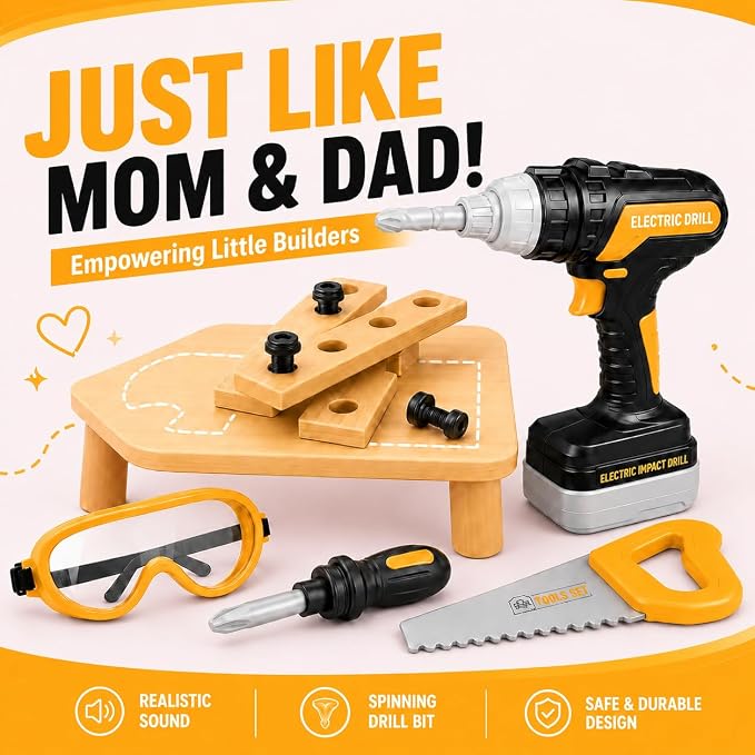 Kids Tool Set with Carrying Case, Electronic Toy Drill with Bits & Construction Vest – Pretend Play Kit with Safety Googles, Gas Shield, Tape Measure, Saw, Bubble Level, Screwdriver, Nuts & Bolts