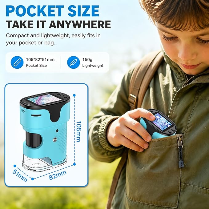 Kids Digital Handheld Microscope with Screen: Science Toy Gifts, Ages 4-12 | SD Card, Slides Kit, EVA Case, 1000X 4K Pocket Miniscope, Rechargeable Portable Discovery Kit for Boys and Girls, In/Outdoor