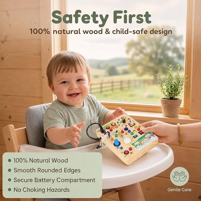 RichBoy Busy Boards, Lights Switch-Style, Wooden, 37-in-1, Medium | Toddlers Birthday Gifts, Montessori Toys, Autism Sensory, Fine Motor Skills, Educational Learning, Travel Essentials