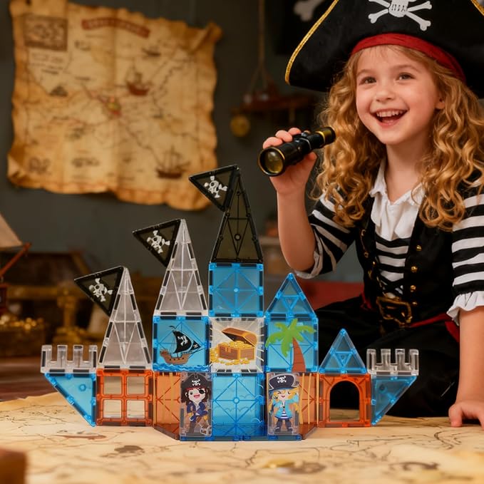 Bmag Magnetic Tiles for Kids,32 PCS Pirate Set with 3D Magnet Building Blocks, STEM Educational Toys for Preschool Learning, Gift for Boys & Girls Age 3 4 5+