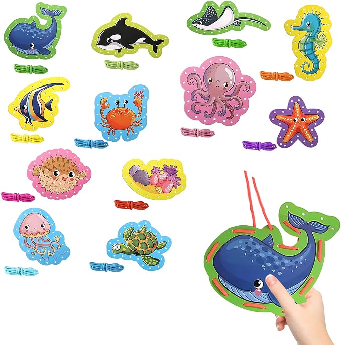 Ocean Animal Lacing Card Set for Kids, 12 Colorful Lacing Cards and Laces, Fun DIY Craft Project for Toddlers, Preschoolers, Perfect for Home and Classroom Activities, Ocean-Themed Design