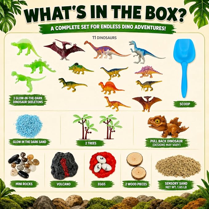 Carolart Dinosaur Sensory Bin, Sand Kit with Glow Dinosaurs & Sand | Dinosaur sandbox with sensory sand, volcano, Dinosaur Gift for boys girls 3-8
