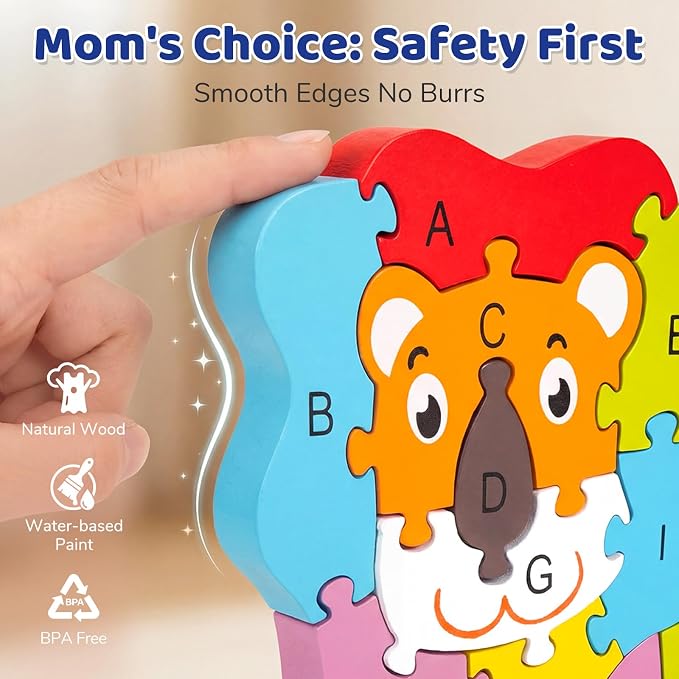 LovesTown Puzzle for Kids, Wooden, 3D Lion Shape | for Ages 3-5, Double-Sided, Alphabet Recognition, Number Counting, Fine Motor Skills, Montessori Learning Gifts