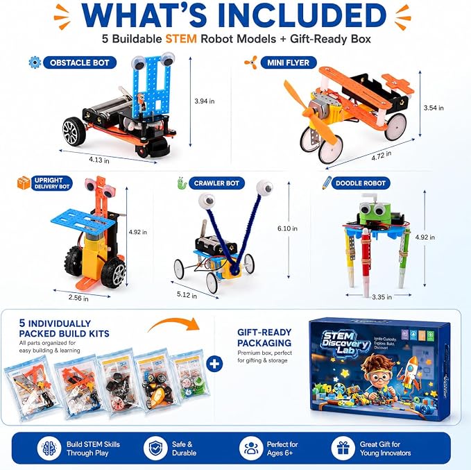 STEM Kits for Kids Ages 6-12, 5-in-1 Robot Building Science Kit for Boys Girls, DIY Robotics Engineering Projects, Educational STEM Toys, Birthday for Kids Age 6 7 8 9 10 11 12