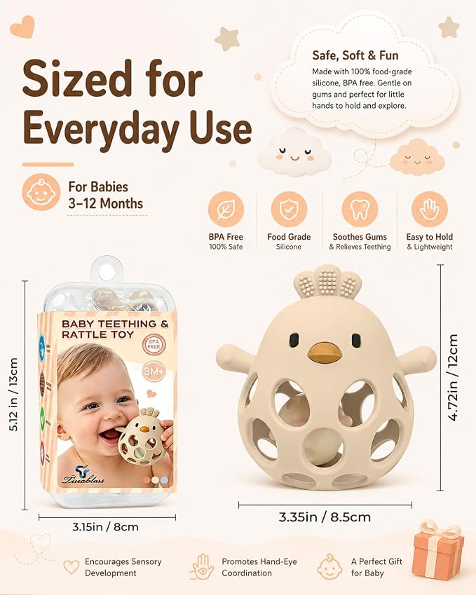 Tinabless 2-in-1 Baby Teether Rattle Toy, Easy Grip Silicone Teething Toy for Babies 3-12 Months, BPA-Free Sensory Chew Toy for Sore Gums, Infant Shower Gift (Beige w/Rattle)