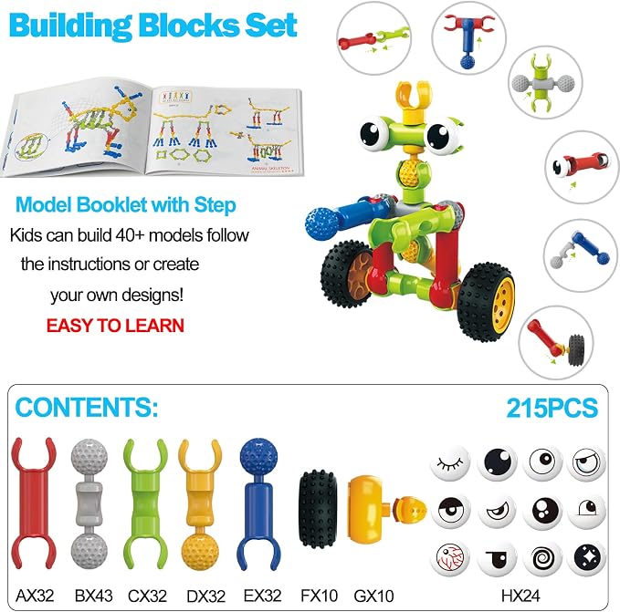 215 PCS STEM Building Blocks Playset for Kids Ages 4-8 Birthday Gifts Boys | Preschool Classroom STEM Activities. Storage box. Build 40+ models with guide. Educational Creative Games, Gift for ages 3+