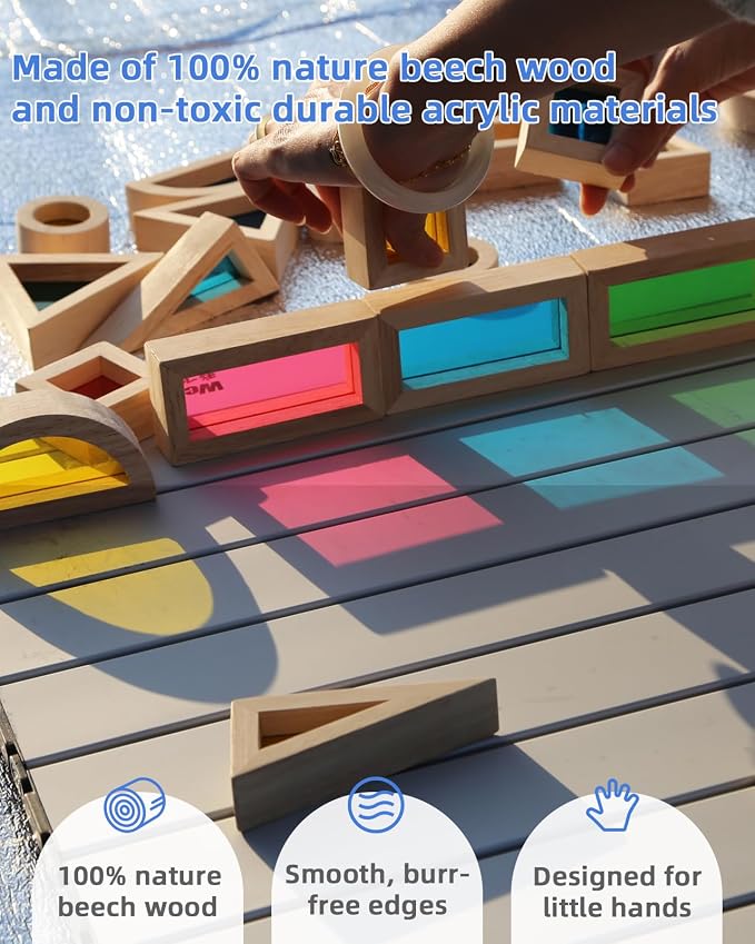 Wooden Blocks, Acrylic Windows, 24pc, 4 Colors, 6 Shapes | Educational Montessori play for ages 18M+; stack acrylic windows to mix colors and create new hues; build houses & towers.