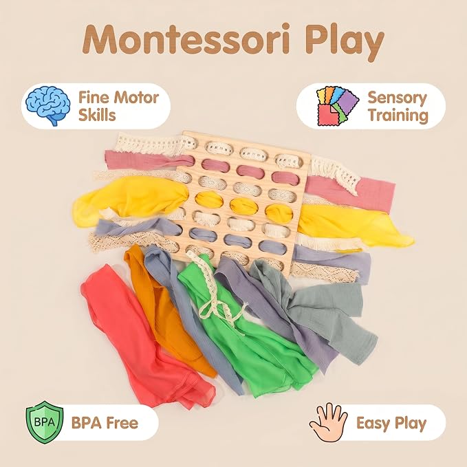 Eray Wooden Busy Board with Play Silks, Montessori Weaving Toy for Kids | Bus Fine Motor Skills Open Ended Toys Lacing and Weaving Toy Preschool Learning Activities