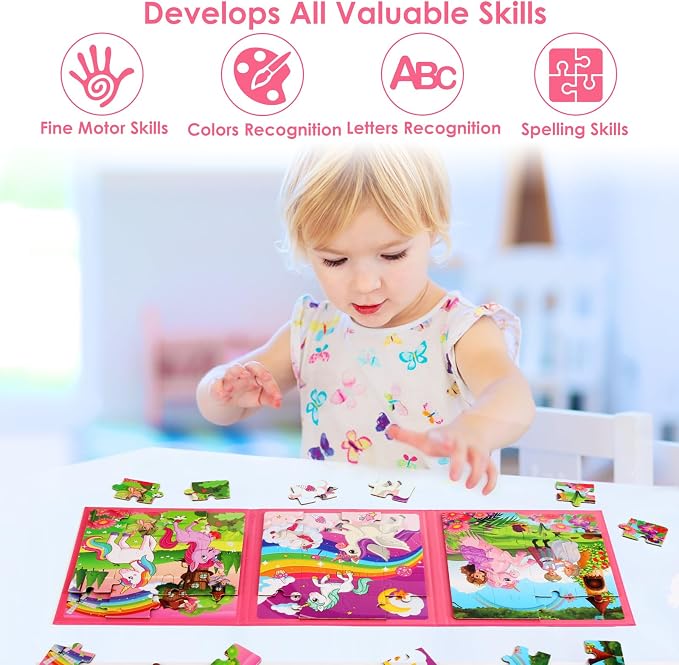 Magnetic Puzzles for Kids Ages 4-6, 20-Piece Preschooler Travel Toys Unicorn Princess Puzzles Ages 3-5, Educational Learning Magnets, Ideal Road Trip Activities Toys for 3 4 5 6 Boys and Girls