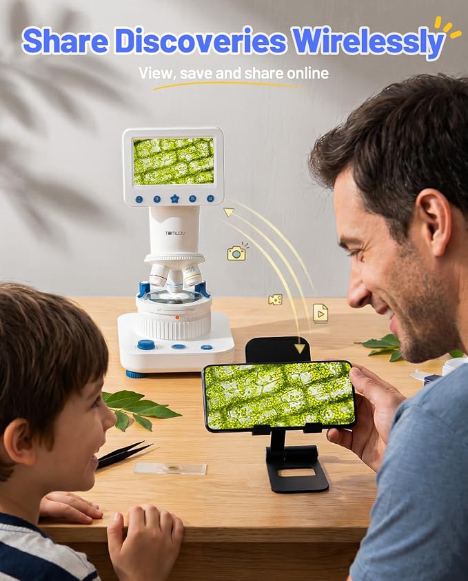 TOMLOV DM302K Microscope for Kids, 800X Science Kit, 4.3" Screen STEM Toy | 12 Prepared Slides, Easy Focus, Beginner-Friendly, Wireless Phone Sharing, USB PC Disply, Photo & Video, Dual LEDs, Ages 6-12