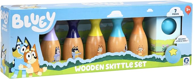 Bluey Wooden Bowling Set, 6 Character Pins, Indoor & Outdoor | Durable wood skittle game builds coordination & teamwork; Bluey toy for kids ages 3+, indoor-outdoor fun