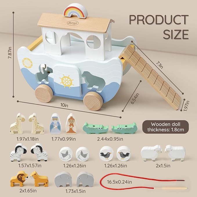 Joyreal Wooden Noah's Ark Toy for 1 Year Old Baby Boy and Girl Baptism Gift | Neutral Color, Montessori Educational Toy, Animal Shape Sorter, Christian Toys for Toddler 1-3, Christmas Birthday Gift