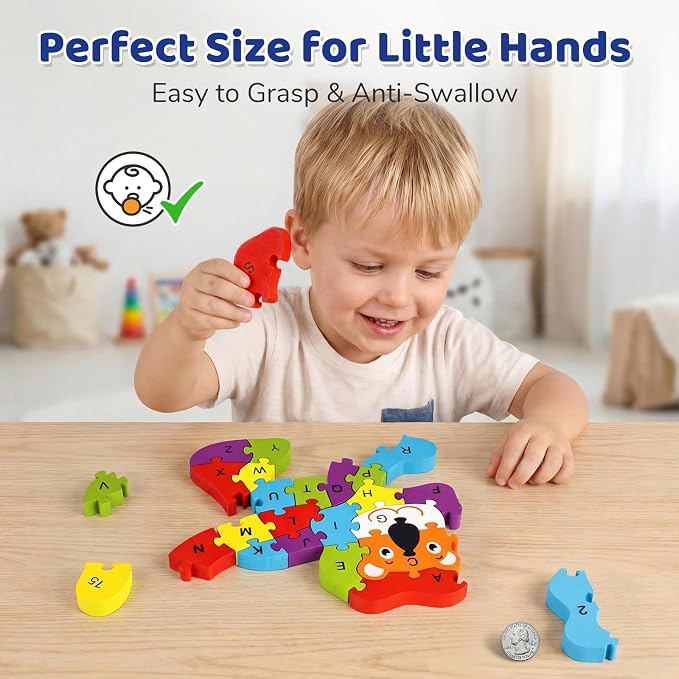LovesTown Puzzle for Kids, Wooden, 3D Lion Shape | for Ages 3-5, Double-Sided, Alphabet Recognition, Number Counting, Fine Motor Skills, Montessori Learning Gifts