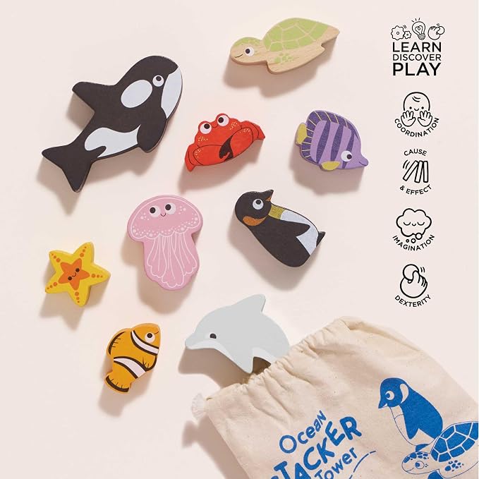 Le Toy Van Under the Sea Ocean Animals Stacking Toy and Bag | Sustainable Wooden Balancing Toy, Sea Animal Characters for Toddlers, Suitable for 18 Months and Up