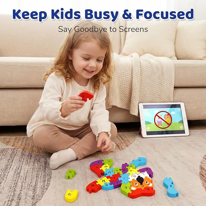 LovesTown Puzzle for Kids, Wooden, 3D Lion Shape | for Ages 3-5, Double-Sided, Alphabet Recognition, Number Counting, Fine Motor Skills, Montessori Learning Gifts