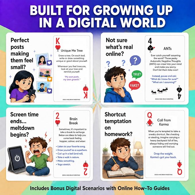 Mind Brain Emotion 52 Essential Coping Skills for Kids + Free Online Learning Library: CBT Calm Down Cards for Anxiety, Anger & Big Feelings - Emotional Regulation SEL Therapy Game, Ages 5-14