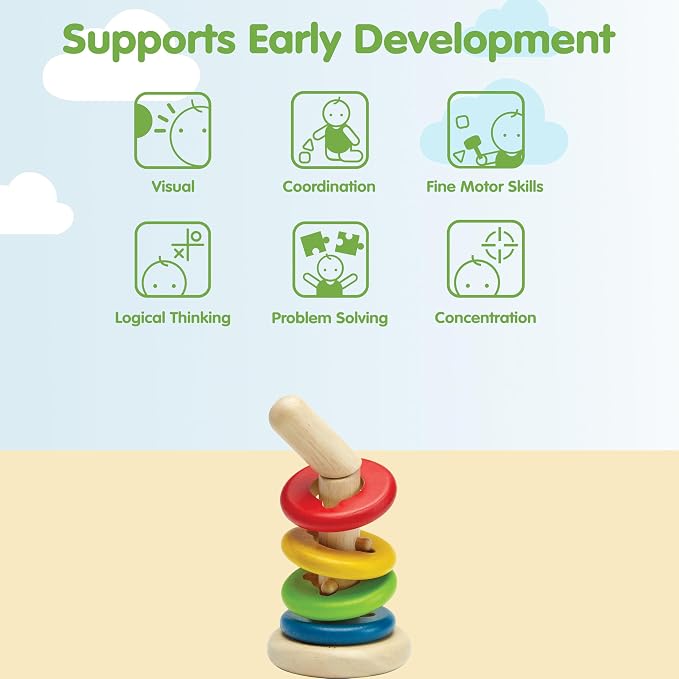 PlanToys® Twist & Sort Wooden Stacking Toy for Toddlers Ages 2+ Montessori | twistable rod colorful rings, wooden twist sort stacker, montessori fine motor toy, ages 2+ educational puzzle, toddlers kids