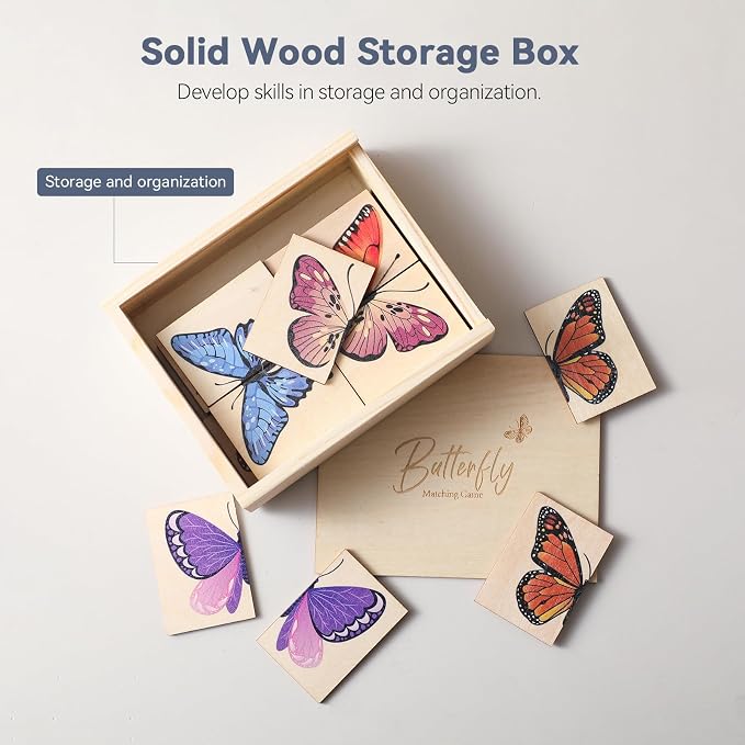 Wooden Butterfly Matching Puzzle Game for Ages 3+, 38 Pcs with Storage Box, Montessori Nature Memory Game for Visual Discrimination & Fine Motor Skills, Birthday