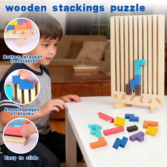 Wooden Colored 3D Russian Block Stacking Puzzle, Montessori Educational Toy Gifts for Toddlers Ages 3+ Fun Brain Teasers Family Board Game and Classroom Activities