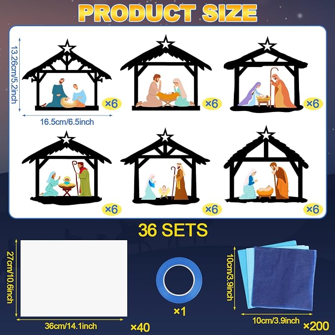 Qyeahkj 36 Set Christmas Nativity Suncatchers Crafts for DIY Nativity Scene Window Tissue Paper Craft Kit Hanging Decor for Xmas Holiday Home Activity Art Project Birthday Party Favor Gift