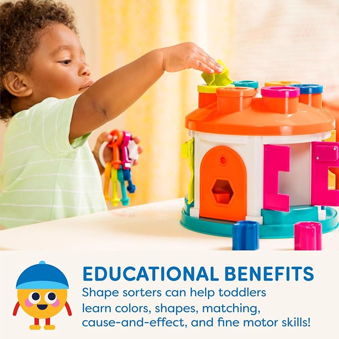 Battat Color Sorting Toy with Keys and Storage, Toddler, 14-Piece Set | Take-along shape sorting house with 12 different shapes, color-coded keys, carry handle, and storage inside, 2+ Years