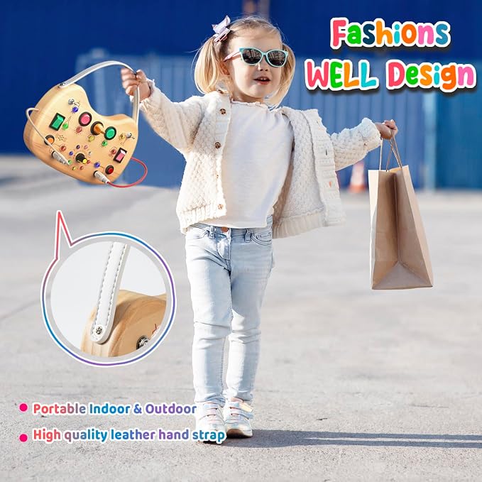 flycoost Montessori Toddler Busy Board,Wooden with 17 LED Lights Switch | | Travel Toys for Toddlers 1-3 Years,Toddler Sensory Activity Boards, Toys for 1 Year Old Girls