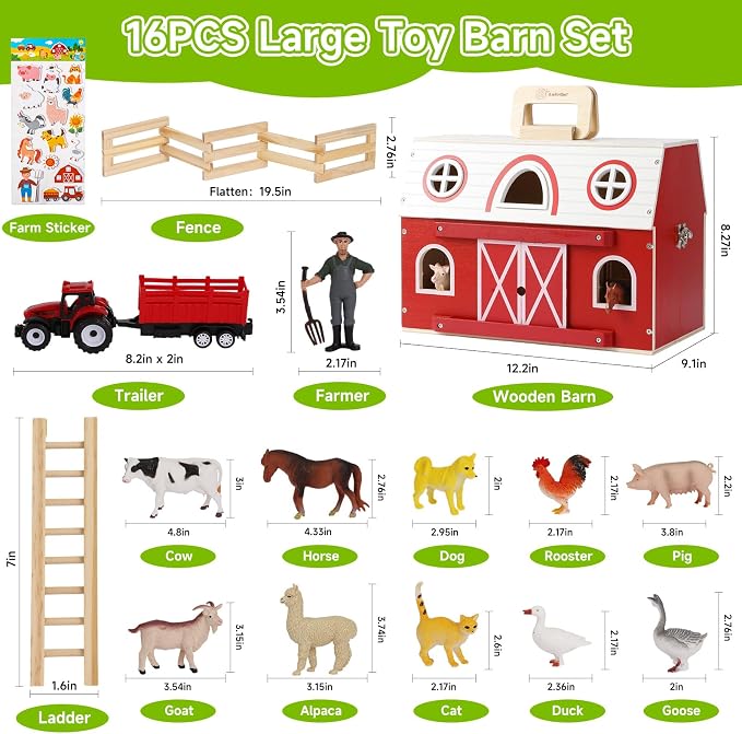 Wooden Barn Toy Set with Farm Animals, Sticker | Portable Pretend Play Barn, Farm Animal Figures, Montessori STEM Educational Animal Playset for Kids Birthday Christmas Gift
